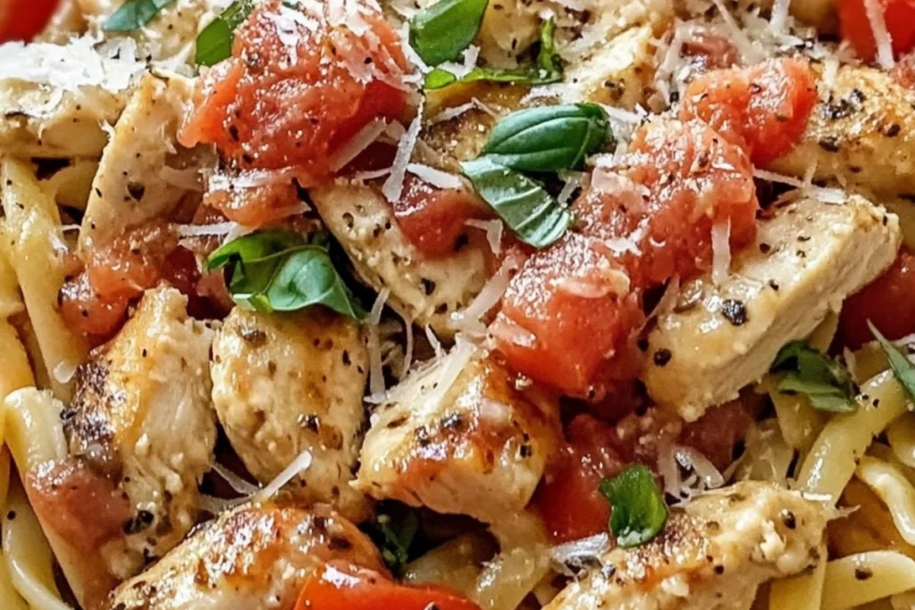 Chicken bruschetta pasta Italian chicken pasta Bruschetta pasta recipe Tomato basil chicken pasta Balsamic chicken pasta Easy bruschetta pasta Quick Italian pasta dish Chicken and tomato pasta