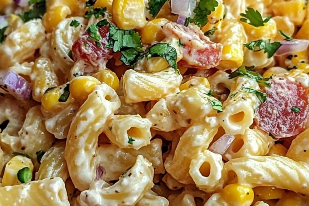 Elote Pasta Salad Street Corn Macaroni Salad Mexican Corn Salad with Pasta Creamy Corn Pasta Salad Grilled Corn Pasta Salad Spicy Mexican Pasta Salad Cotija Cheese Pasta Salad Chili Lime Corn Pasta