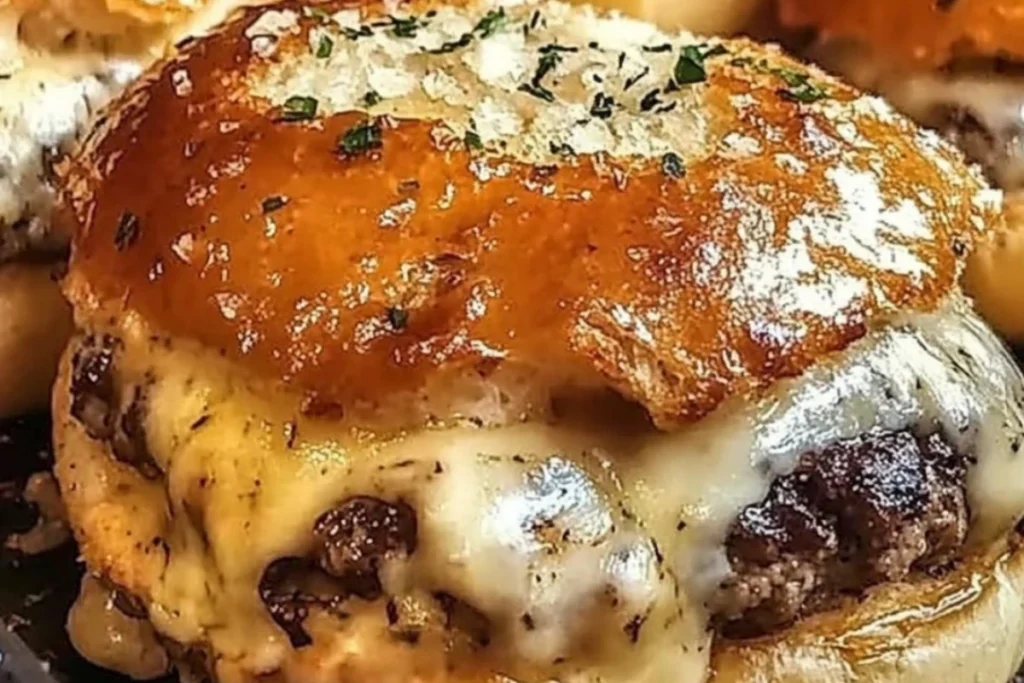 cheeseburger bites, stuffed burger bombs, garlic butter burger bites, cheesy beef bombs, beef-stuffed biscuits, parmesan burger pockets.
