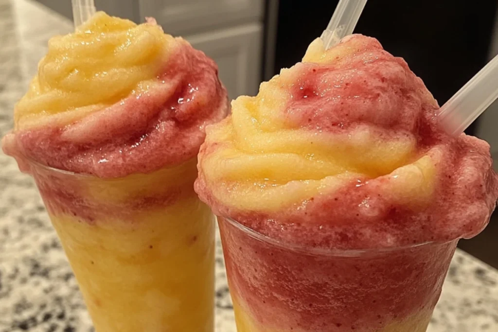 Tropical Fruit Slushies Strawberry Pineapple Ice Drink Frozen Fruit Swirl Drink Summer Fruit Slush Berry Pineapple Smoothie Homemade Fruit Slushie Frozen Strawberry Pineapple Beverage Icy Tropical Fruit Cooler Fruity Summer Drink Pineapple Strawberry Freeze