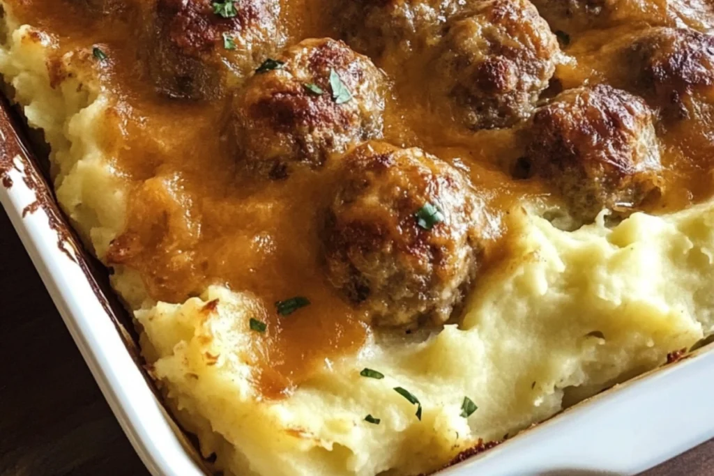 Meatball casserole Mashed potato and meatball bake Cheesy meatball bake Ground beef and potato casserole Baked meatball dinner Potato and meatball layered bake Comfort food meatball dish Hearty meatball and mash bake