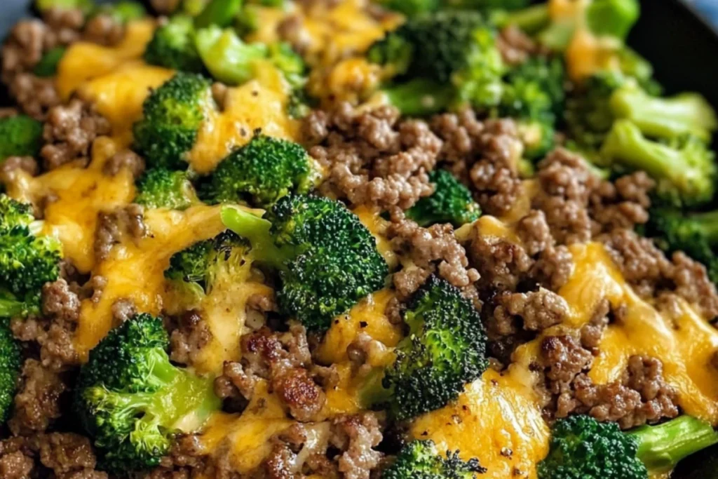 Keto beef and broccoli skillet Low-carb hamburger skillet Keto ground beef skillet Cheesy broccoli and beef stir fry One-pan keto dinner Ground beef and broccoli keto recipe Keto skillet meal Low-carb cheesy beef and broccoli