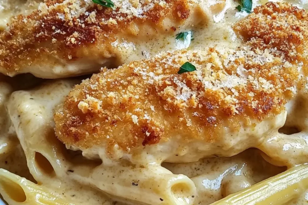 Parmesan chicken, creamy chicken pasta, crispy chicken with penne, creamy pasta sauce, chicken with penne, breaded chicken pasta, Italian chicken pasta, cheesy chicken penne.