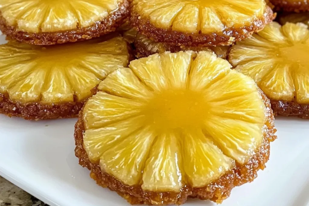 Pineapple sugar cookies Pineapple upside-down cookie recipe Pineapple cherry cookies Tropical sugar cookies Pineapple dessert cookies Fruit-topped cookies Upside down pineapple cookies Retro pineapple cookies Chewy pineapple cookies Caramelized pineapple cookies