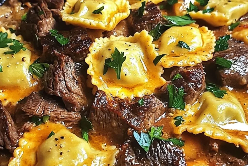 Garlic butter steak pasta Cheese ravioli with steak One-pan steak and ravioli Skillet ravioli with garlic sauce Cheesy steak ravioli skillet Easy steak and pasta dinner Butter garlic steak pasta Steak ravioli recipe