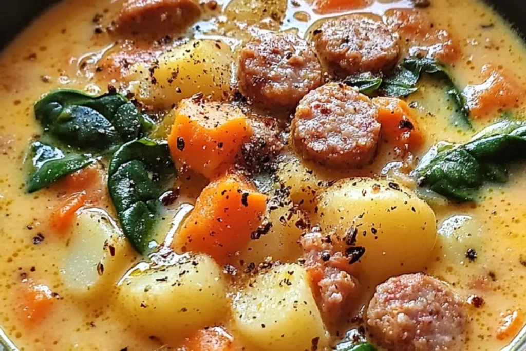 Sausage potato soup, creamy potato soup, Italian sausage soup, spinach potato soup, hearty sausage soup, comforting potato soup.
