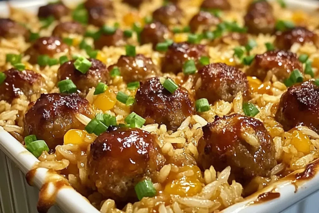 Honey Garlic Meatball Casserole Sweet Garlic Beef Meatball Bake Meatball and Rice Oven Dish Baked Honey Garlic Meatballs with Rice Savory Meatball Rice Bake