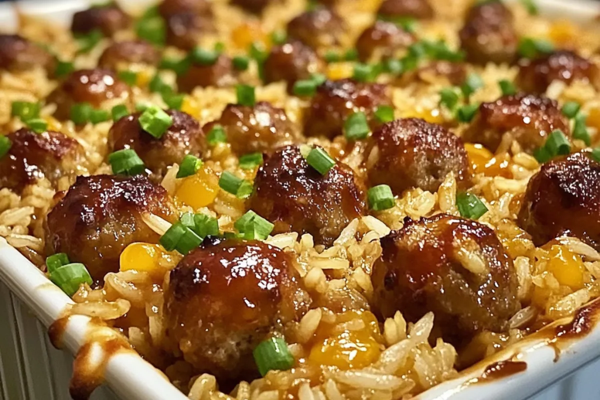 Honey Garlic Meatball Casserole Sweet Garlic Beef Meatball Bake Meatball and Rice Oven Dish Baked Honey Garlic Meatballs with Rice Savory Meatball Rice Bake