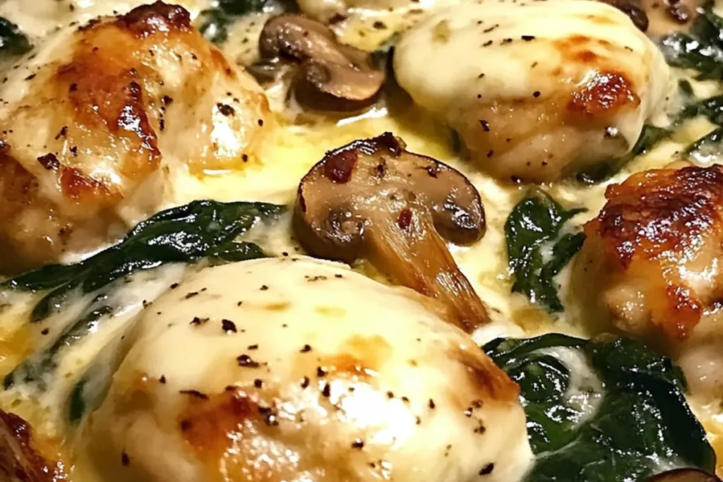 Low-Carb Chicken Casserole Keto Chicken Bake Spinach Mushroom Chicken Recipe Healthy Chicken Oven Dish Low-Carb Chicken Meal