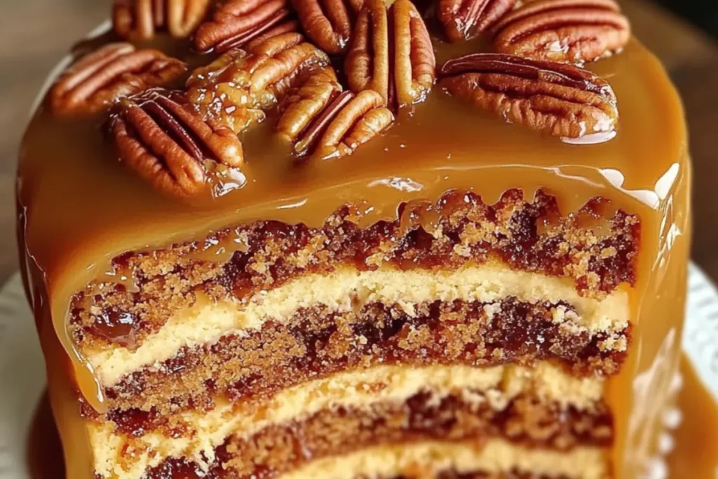 Southern caramel cake Pecan caramel cake Caramel pecan dessert Southern cake with pecans Homemade caramel cake Pecan layer cake