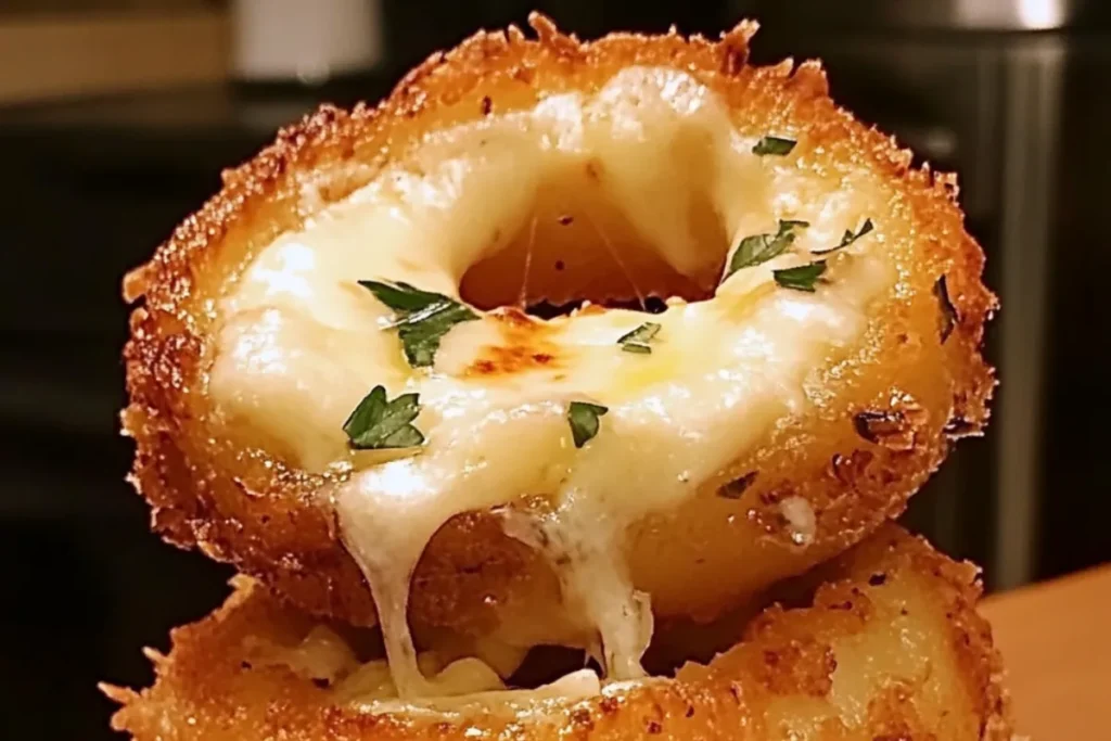 Cheese-stuffed onion rings Garlic butter onion rings Mozzarella onion appetizer Stuffed onion rings recipe Fried cheese onion rings Cheesy onion rings snack Summer party appetizer Game day onion rings Gooey mozzarella rings Deep-fried onion and cheese rings