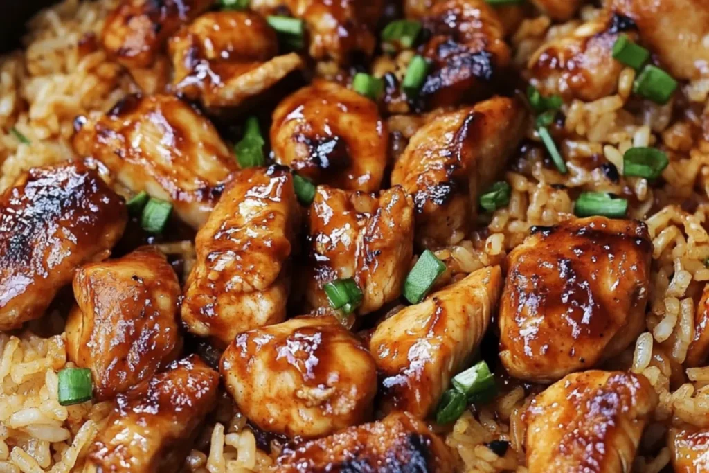 BBQ chicken rice honey barbecue chicken one-pan BBQ chicken skillet BBQ chicken and rice sweet and smoky chicken rice BBQ chicken and rice dinner honey glazed chicken with rice quick BBQ chicken meal