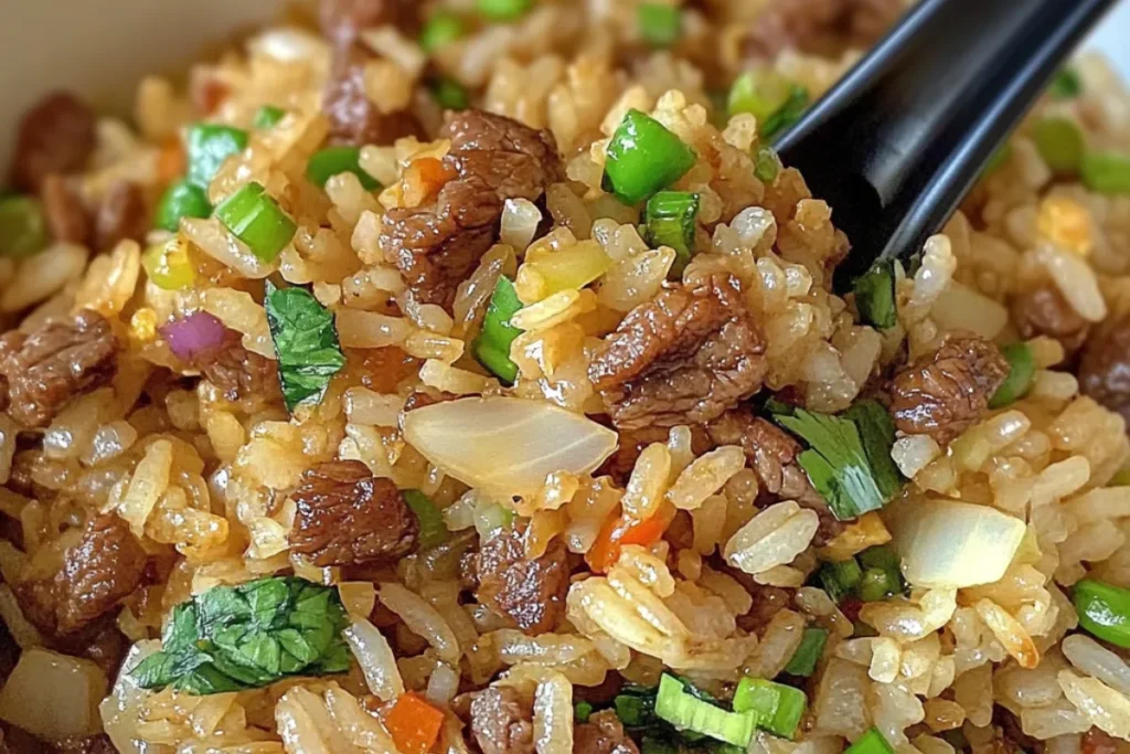 beef fried rice Chinese fried rice with beef onion and beef stir fry rice wok-fried beef rice fried rice with sliced beef savory beef rice bowl homemade beef fried rice