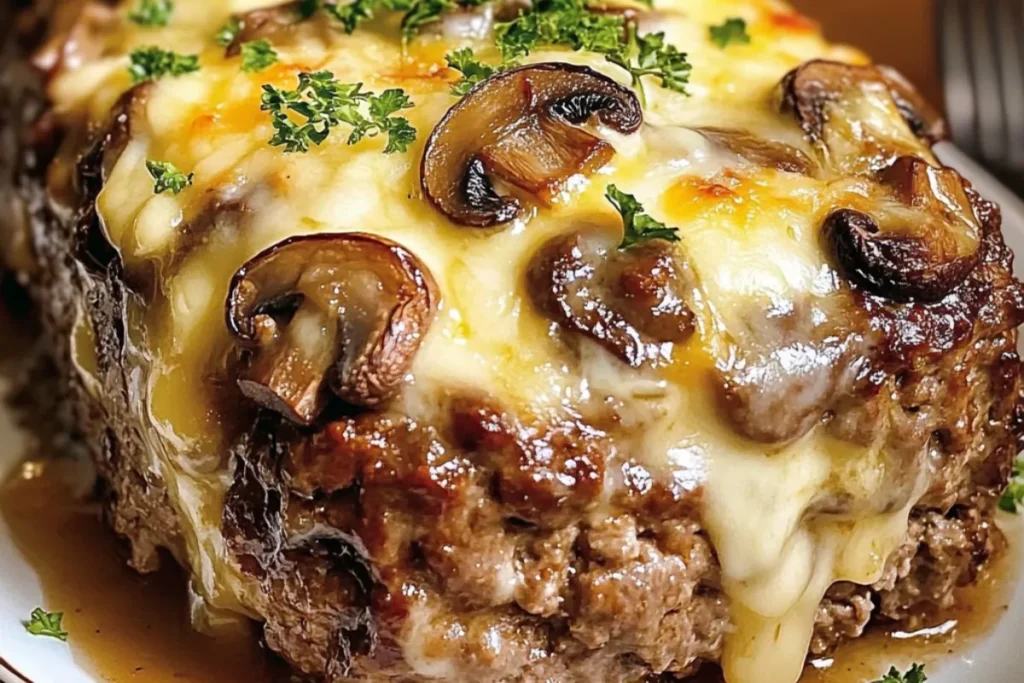 Swiss cheese meatloaf, mushroom meatloaf, cheese stuffed meatloaf, savory meatloaf with mushrooms, beef mushroom meatloaf, cheesy meatloaf recipe, mushroom Swiss loaf.