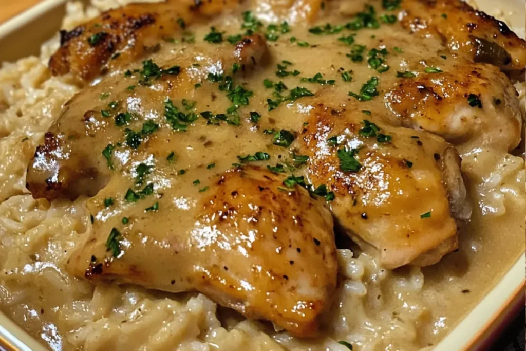 Creamy chicken and rice Southern chicken and rice Skillet smothered chicken Chicken and gravy over rice Comfort food chicken rice Homestyle chicken dinner Chicken and rice casserole Country-style chicken with rice