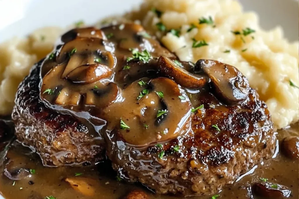 Juicy Salisbury steak smothered in rich mushroom gravy—our gourmet twist on Bobby Flay’s comfort classic. Easy, hearty, and delicious! Synonym Keywords: Salisbury steak recipe Homemade Salisbury steak Mushroom gravy for steak Beef patties with mushroom sauce Bobby Flay beef recipes Comfort food dinner ideas Classic steak with gravy Gourmet Salisbury steak Skillet Salisbury steak Onion and mushroom gravy