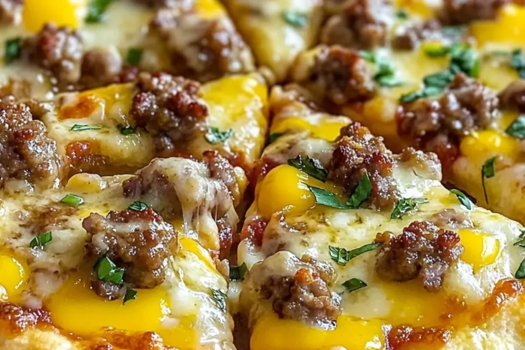 Breakfast pizza with gravy Sausage gravy pizza Southern breakfast pizza Biscuit crust breakfast pizza Brunch pizza with sausage Sausage and biscuits pizza Gravy breakfast flatbread Morning sausage pizza