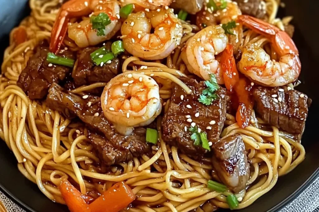 Teriyaki noodle stir fry Shrimp and steak noodles Beef and shrimp lo mein Japanese stir-fry noodles Surf and turf teriyaki Teriyaki beef shrimp noodles Asian noodle bowl Sweet and savory noodle dish Noodles with shrimp and beef Homemade teriyaki stir-fry