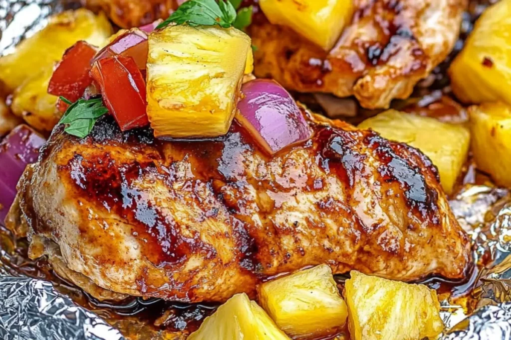 Tropical BBQ chicken foil packets Pineapple chicken foil dinners Grilled BBQ chicken with pineapple Summer foil packet recipes BBQ chicken and fruit foil packs Island-style chicken foil packets Sweet and savory chicken recipes Foil packet grilling recipes