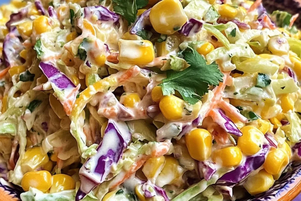 elote coleslaw, Mexican corn slaw, street corn salad, grilled corn coleslaw, creamy Mexican slaw, spicy corn coleslaw