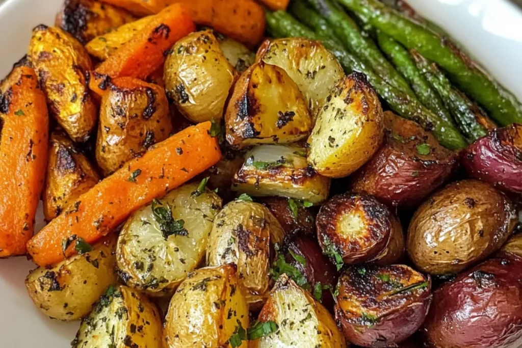 roasted vegetables with garlic and herbs, garlic herb vegetable bake, oven roasted veggies, herb roasted vegetables, crispy roasted veggies