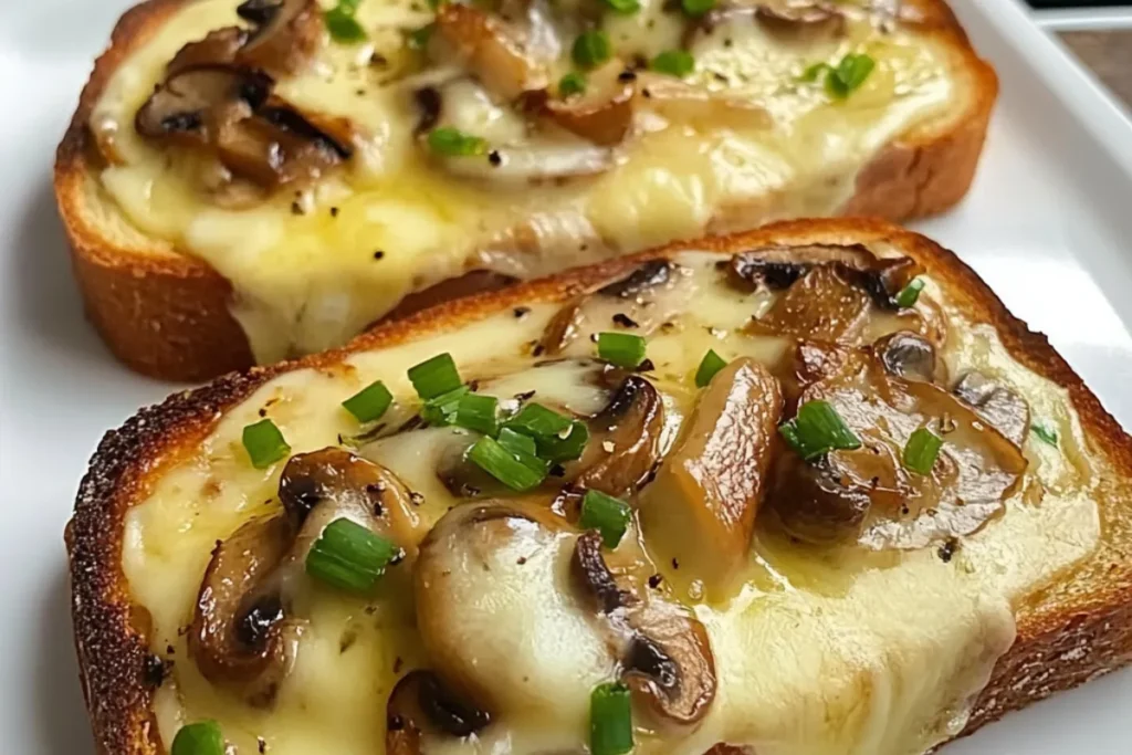 mushroom cheese toast, cheesy mushroom bruschetta, mushroom melt toast, cheese mushroom sandwich, mushroom toast recipe