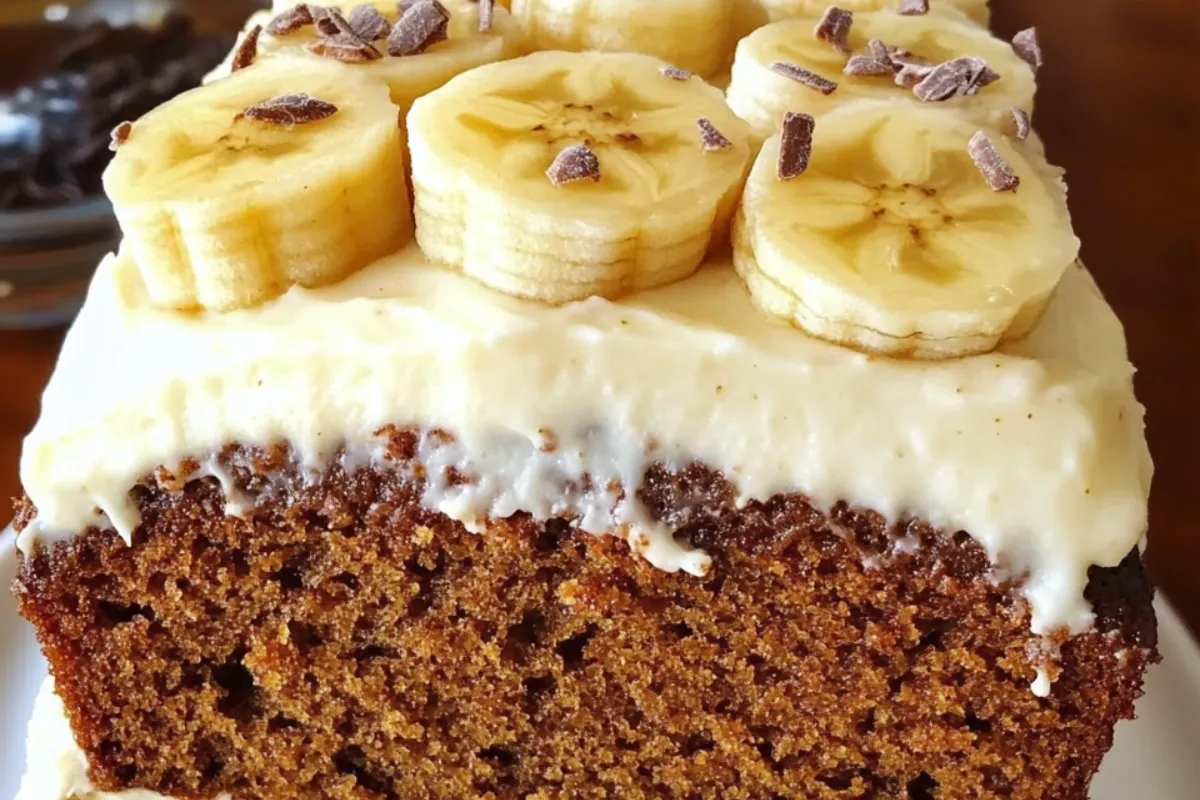 Banana cake with frosting Banana cream cheese dessert Moist banana bread cake Banana loaf cake with icing Easy banana cake recipe Cream cheese banana treat