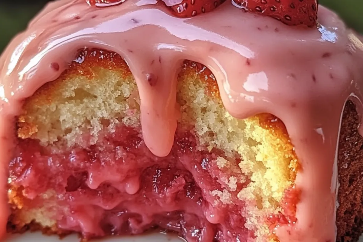 Strawberry cinnamon swirl cake Honeybun strawberry dessert Cream cheese strawberry cake Fresh strawberry icing cake Moist strawberry cake recipe Strawberry swirl snack cake Fruity honeybun cake Strawberry glaze cake Easy spring strawberry dessert Homemade strawberry layer cake