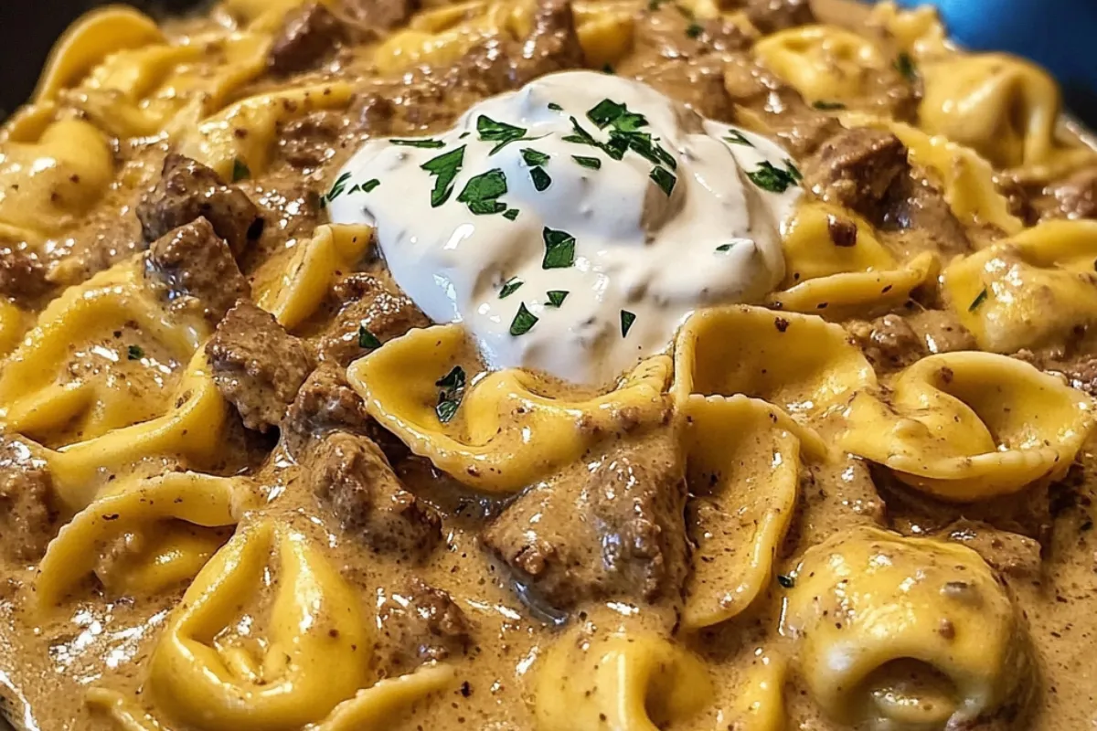 creamy beef tortellini skillet one-pan beef stroganoff tortellini with ground beef easy beef stroganoff pasta cheesy stroganoff recipe skillet pasta with cream sauce ground beef and tortellini dinner comfort food skillet meal