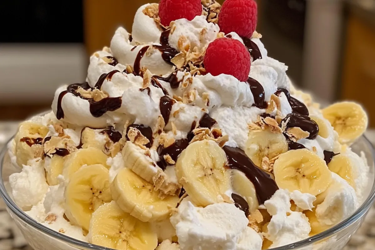 Banana split salad No-bake banana dessert Fluff salad recipe Banana dessert bowl Creamy fruit salad Banana pudding fluff Whipped fruit salad Banana fluff dessert