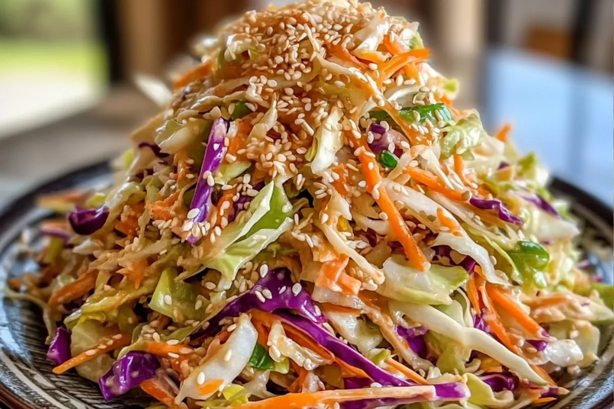 Asian slaw recipe Sesame cabbage salad Crunchy vegetable slaw Healthy Asian salad Vegan cabbage slaw Asian coleslaw Homemade sesame dressing Easy cabbage salad Gluten-free slaw Asian side dish