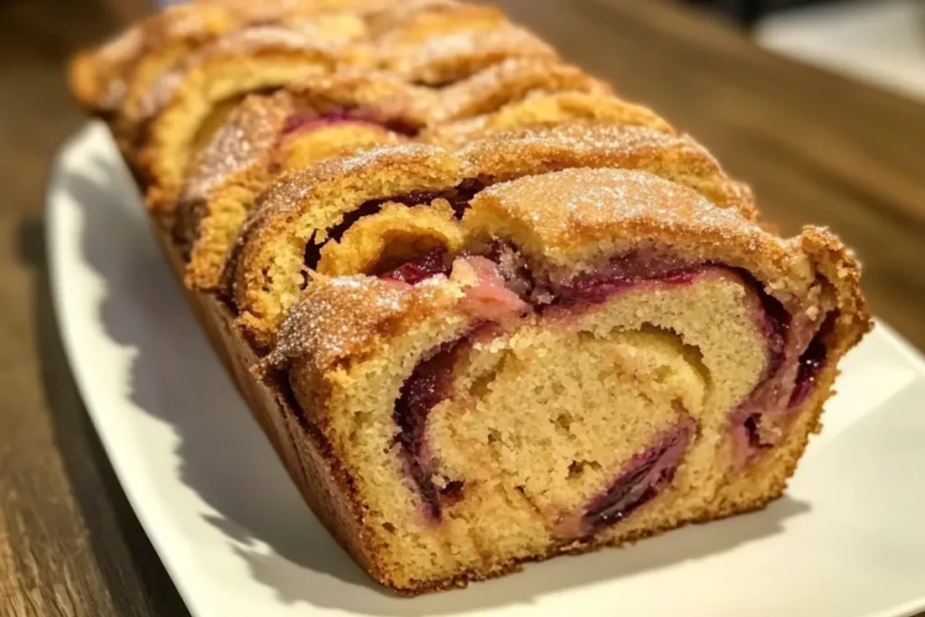 Freshly baked cinnamon rhubarb bread loaf on a wooden cutting board, sliced and ready to serve