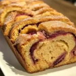 Freshly baked cinnamon rhubarb bread loaf on a wooden cutting board, sliced and ready to serve