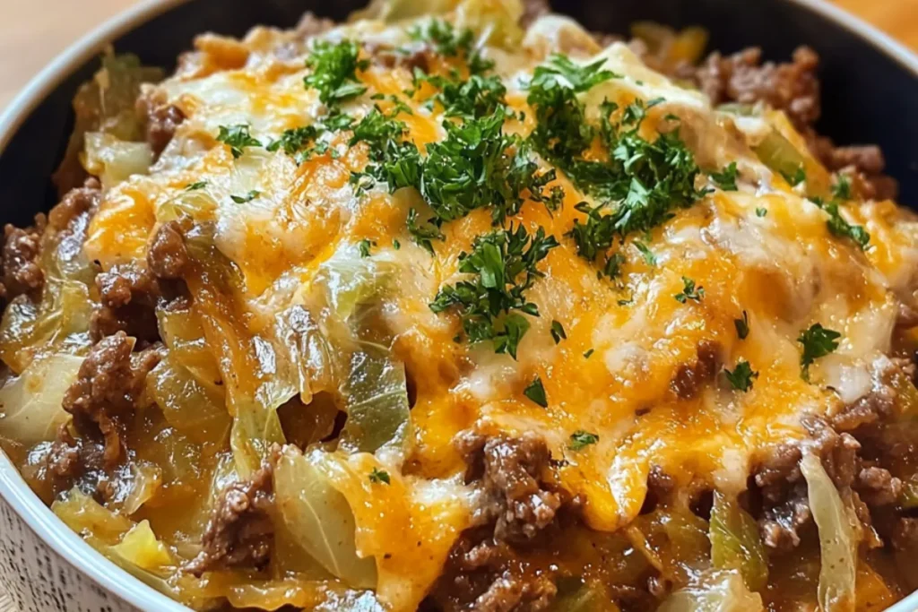 A close-up of a freshly baked cheesy cabbage beef casserole in a white dish with golden melted cheese and garnished with parsley.