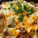 A close-up of a freshly baked cheesy cabbage beef casserole in a white dish with golden melted cheese and garnished with parsley.