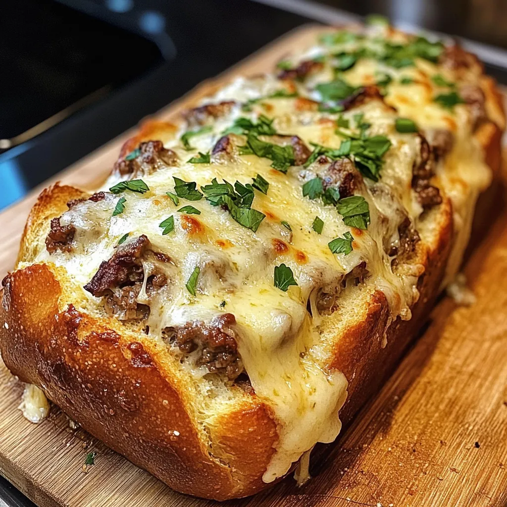 Philly cheesesteak garlic bread Stuffed garlic loaf with beef Cheesesteak sandwich loaf Garlic cheese steak bread Beef and cheese stuffed bread Loaded garlic bread with steak Cheesy steak stuffed baguette