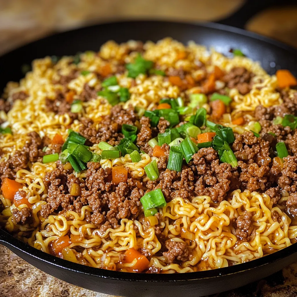 Ramen noodle skillet with beef One-pan beef ramen Ground beef stir fry noodles Skillet ramen dinner Easy beef ramen recipe Ramen and ground beef skillet Cheesy ramen skillet meal Beefy ramen stir fry